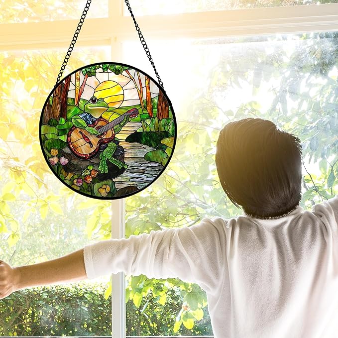 DASTOLL Stained Glass Window Hanging, Frog Playing Guitar Suncatcher Diamond - Image 2