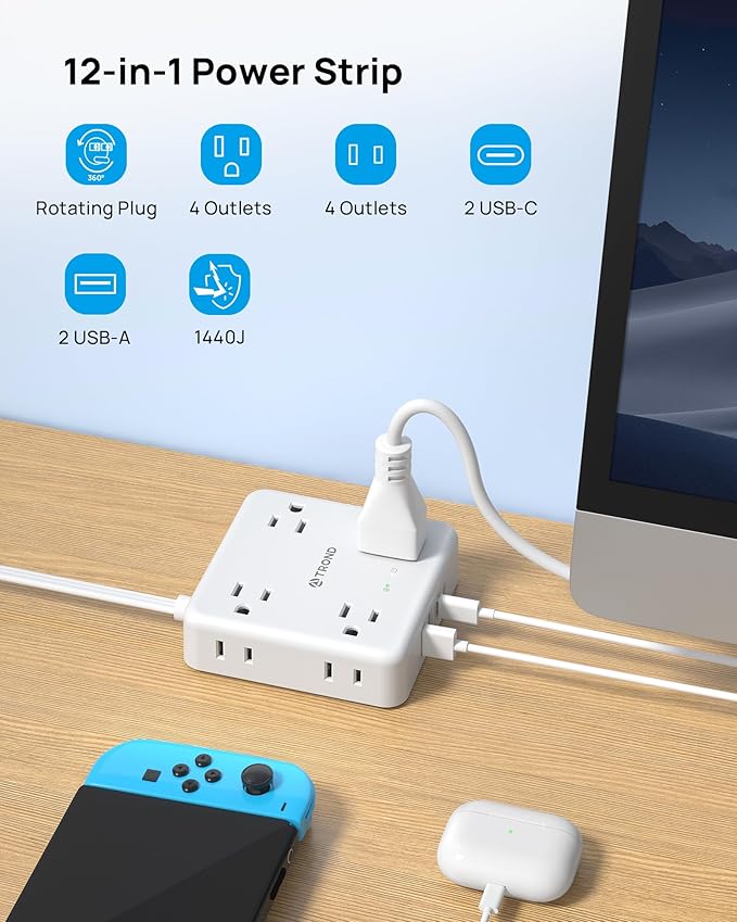 TROND 360° Rotating Plug Power Strip, 5FT Flat Extension Cord - Image 3