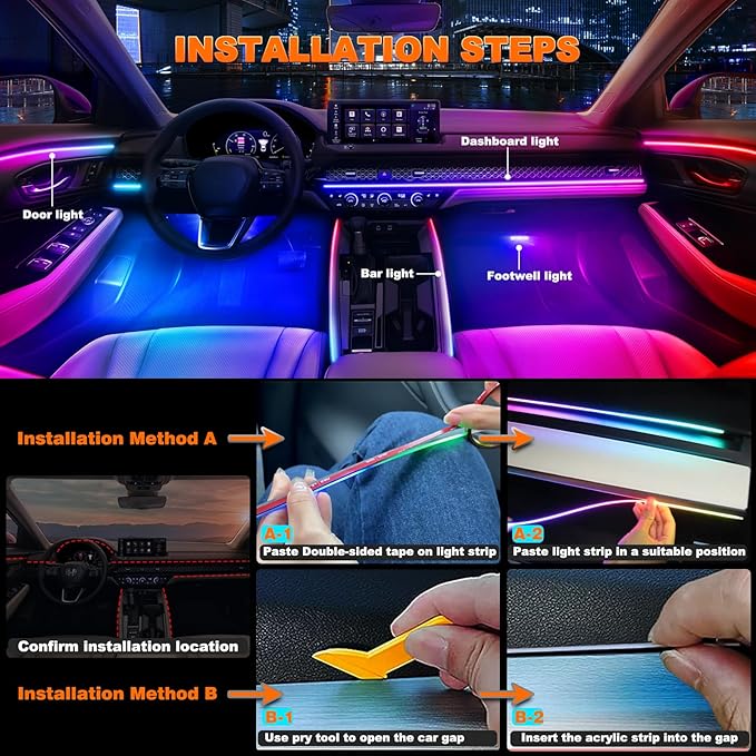 Jushope Car LED Strip Lights, Interior Acrylic LED Lights - Image 5
