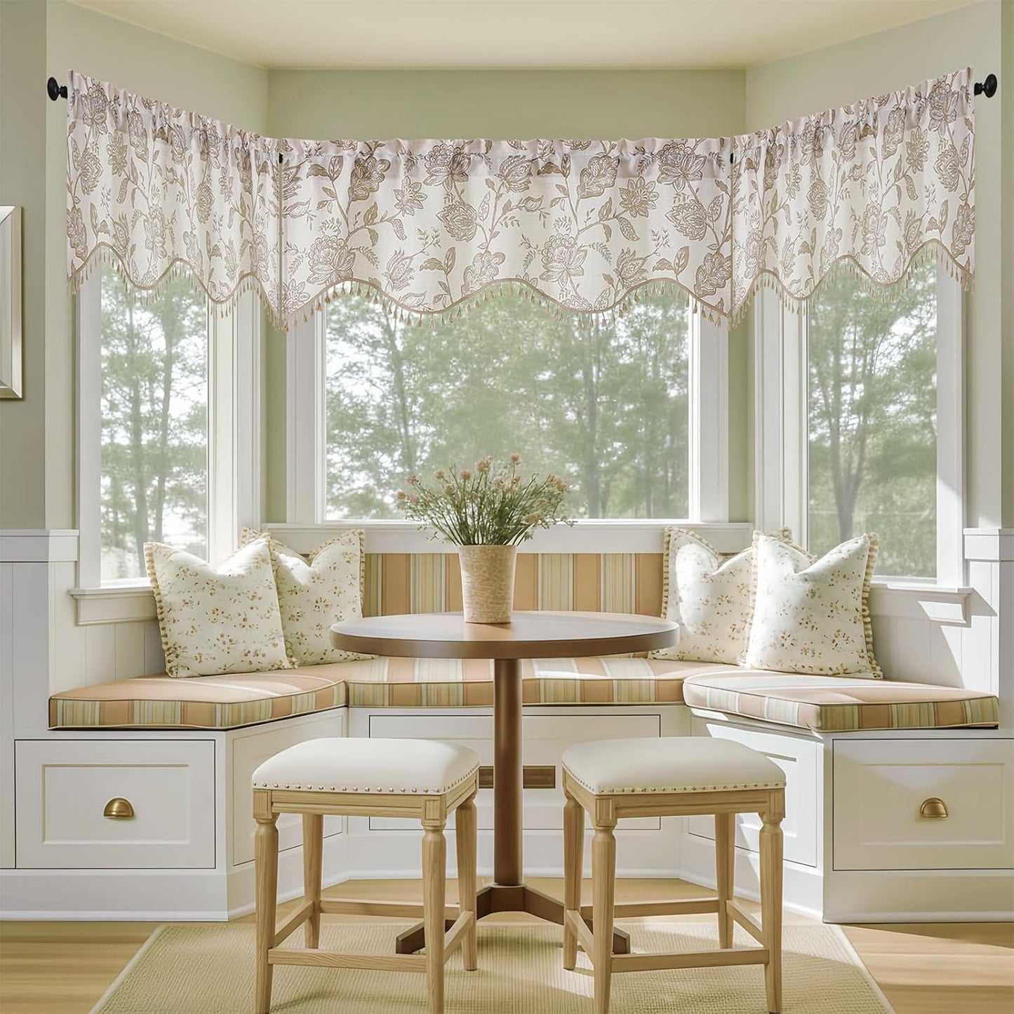 Scalloped Valance for Windows - Faux Linen Textured Short Kitchen Valance with Tassels, Farmhouse Floral Printed Small Window Curtains for Bathroom Basement RV, 1 Piece, 52Wx18L Inches, Taupe
