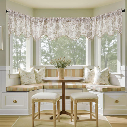 Scalloped Valance for Windows - Faux Linen Textured Short Kitchen Valance with Tassels, Farmhouse Floral Printed Small Window Curtains for Bathroom Basement RV, 1 Piece, 52Wx18L Inches, Taupe
