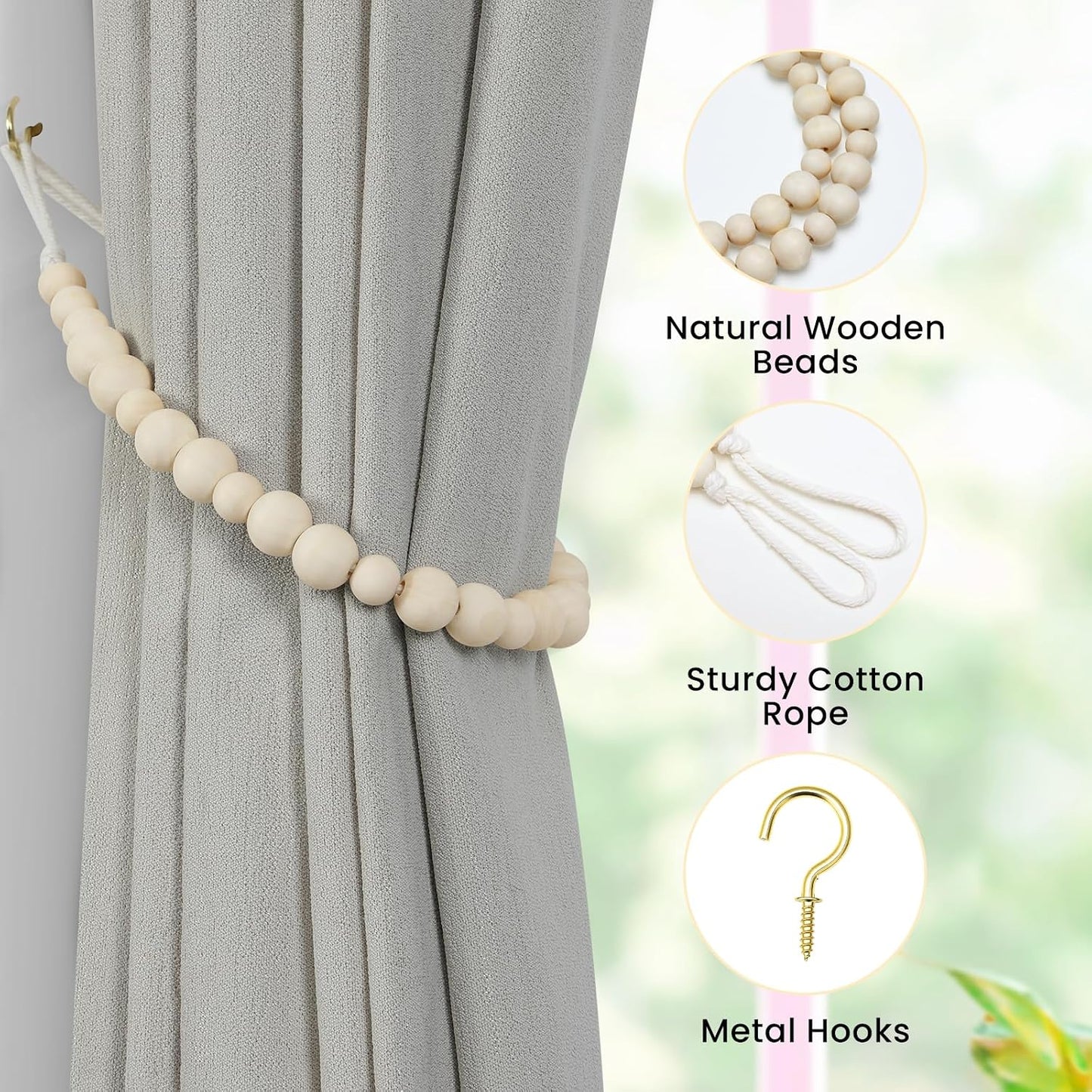 KLOGTSIND Wood Bead Curtain Tiebacks, 2 Pack Curtain Tie Backs with Hooks | Curtain Holdbacks for Thin or Thick Window Draperies, Boho Curtain Holders for Home Office Room Decor