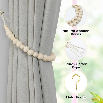 KLOGTSIND Wood Bead Curtain Tiebacks, 2 Pack Curtain Tie Backs with Hooks | Curtain Holdbacks for Thin or Thick Window Draperies, Boho Curtain Holders for Home Office Room Decor