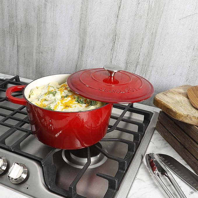 Crock Pot Artisan 5-Quart Round Enameled Cast Iron Dutch Oven – Red, Durable - Image 5