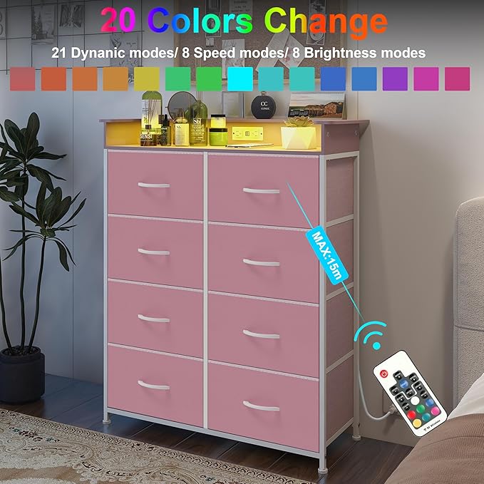 Pink Dresser for Bedroom with Charing Station Dressers with LED Lights Tall - Image 4