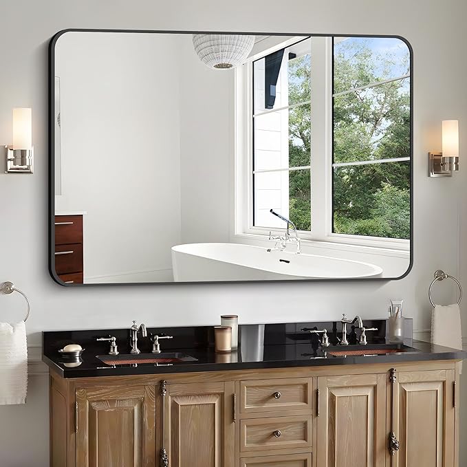 Bathroom Mirror, 48x36 inch Black Rectangle Wall Mirror, Metal Frame Rounded - Image 6