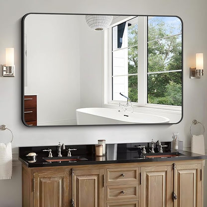 Bathroom Mirror, 48x36 inch Black Rectangle Wall Mirror, Metal Frame Rounded - Image 6