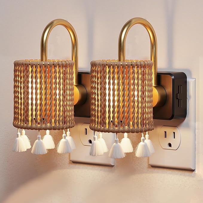 L LOHAS LED Night Lights Plug into Wall, 2 Pack Boho Fabric Cylinder Night Light by LLOHASLED