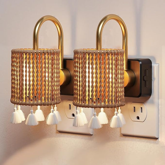 L LOHAS LED Night Lights Plug into Wall, 2 Pack Boho Fabric Cylinder Night Light by LLOHASLED