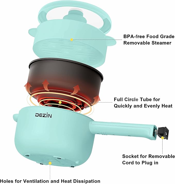 Dezin Electric Cooker, 2L Non-Stick Sauté Pan, Rapid Noodles Cooker, Mini Pot - Image 4