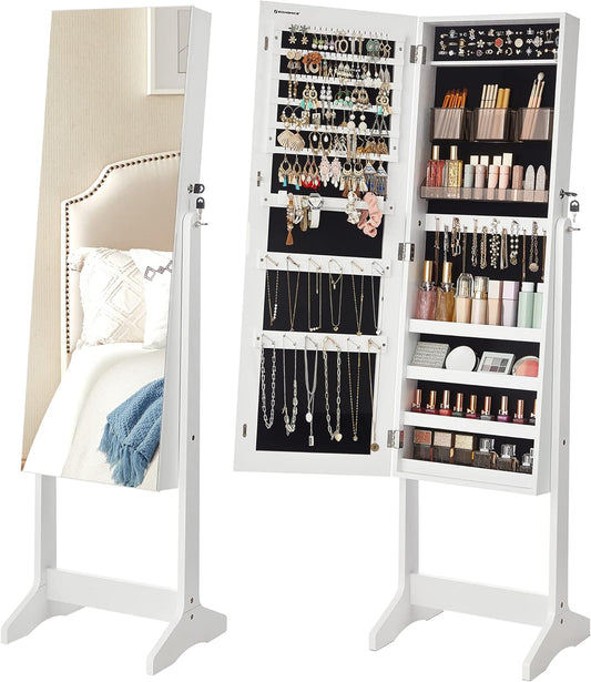 SONGMICS LED Jewelry Cabinet Standing, Lockable Armoire | Freestanding Storage Organizer with 2 Plastic Cosmetic Storage, Full-Length Mirror, for Necklace Earring, White UJJC002W01
