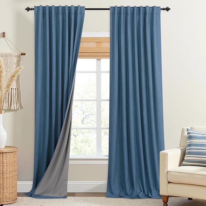 KOUFALL 108 Inch Curtains Blackout 9FT Long Black Out Linen Denim Slate Blue by KOUFALL