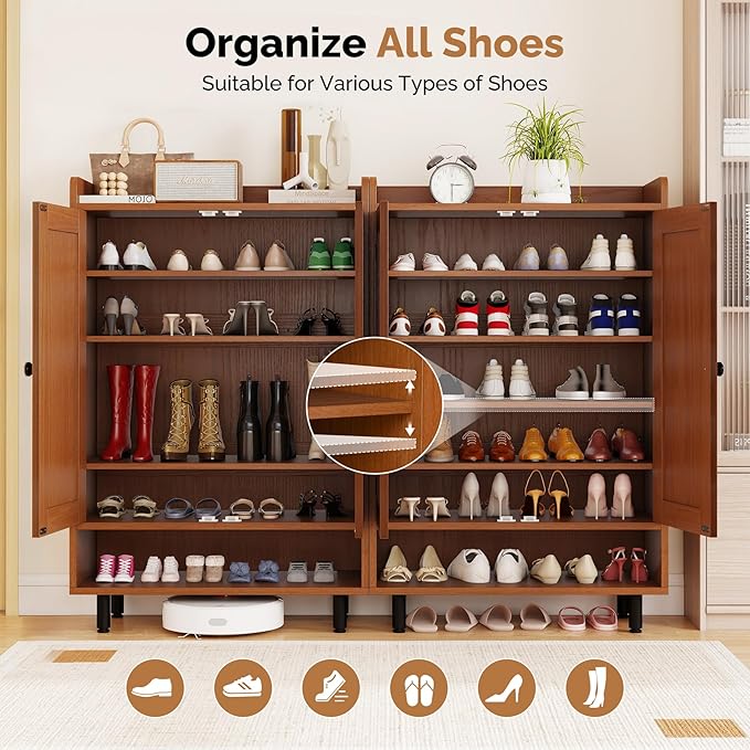 Farmhouse Shoe Cabinet with Doors, 6-Tier Wooden Shoe Organizer with Adjustable - Image 4