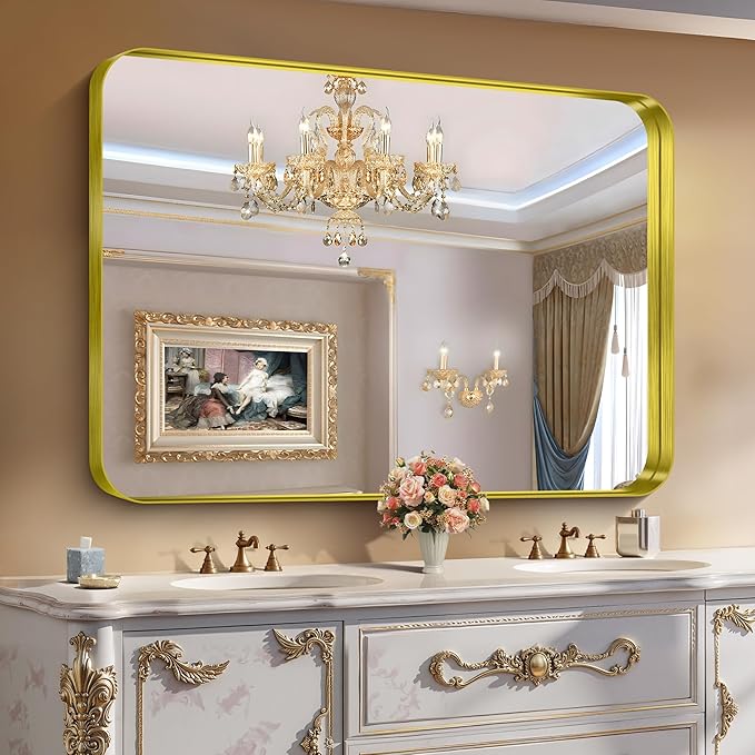 CIRCUMI Gold Bathroom Mirror, Rounded Corner, Tempered Glass, Large Mirror by CIRCUMIMirror