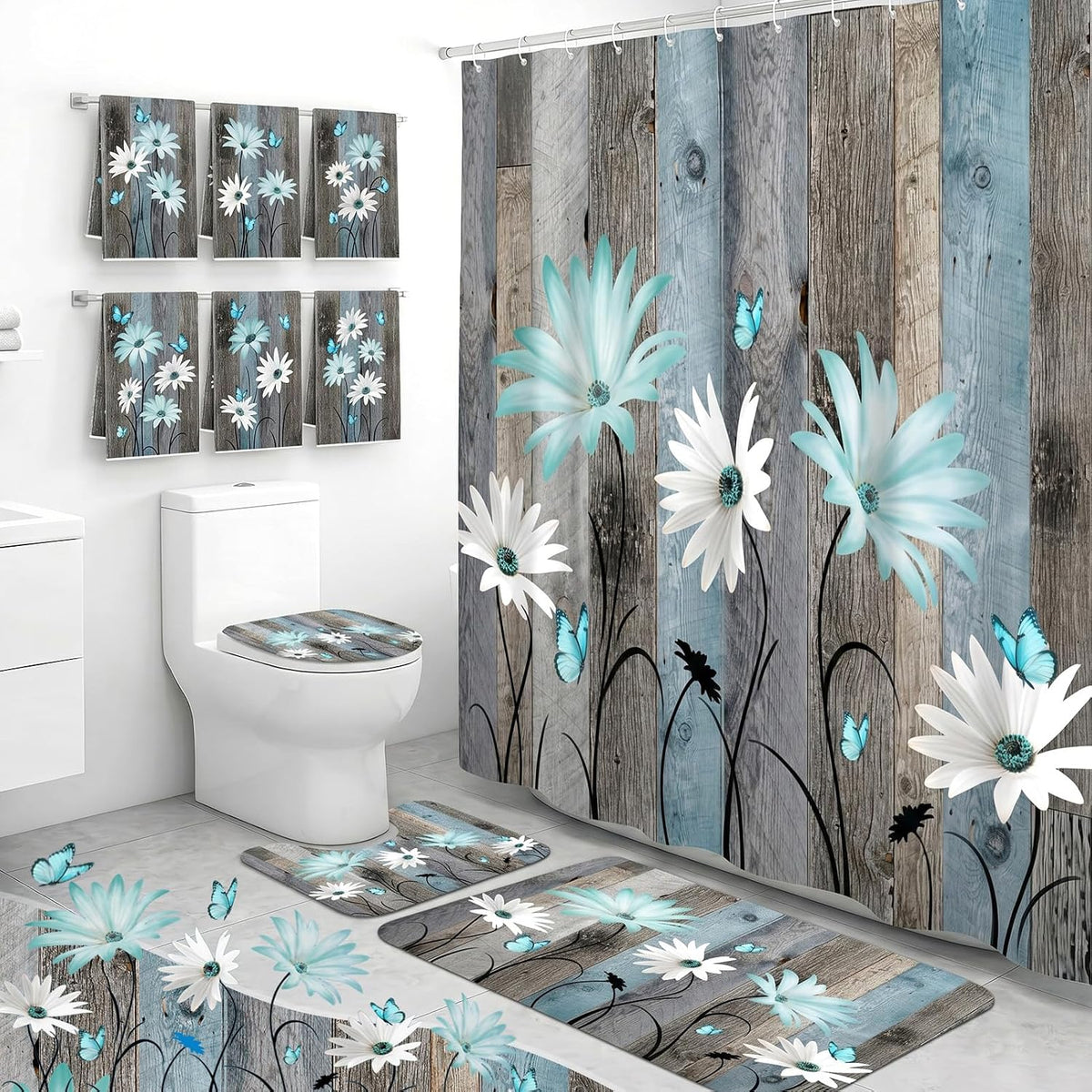 Britimes Bathroom Sets with Shower Curtain and Rugs Set of 10 Teal Wooden
