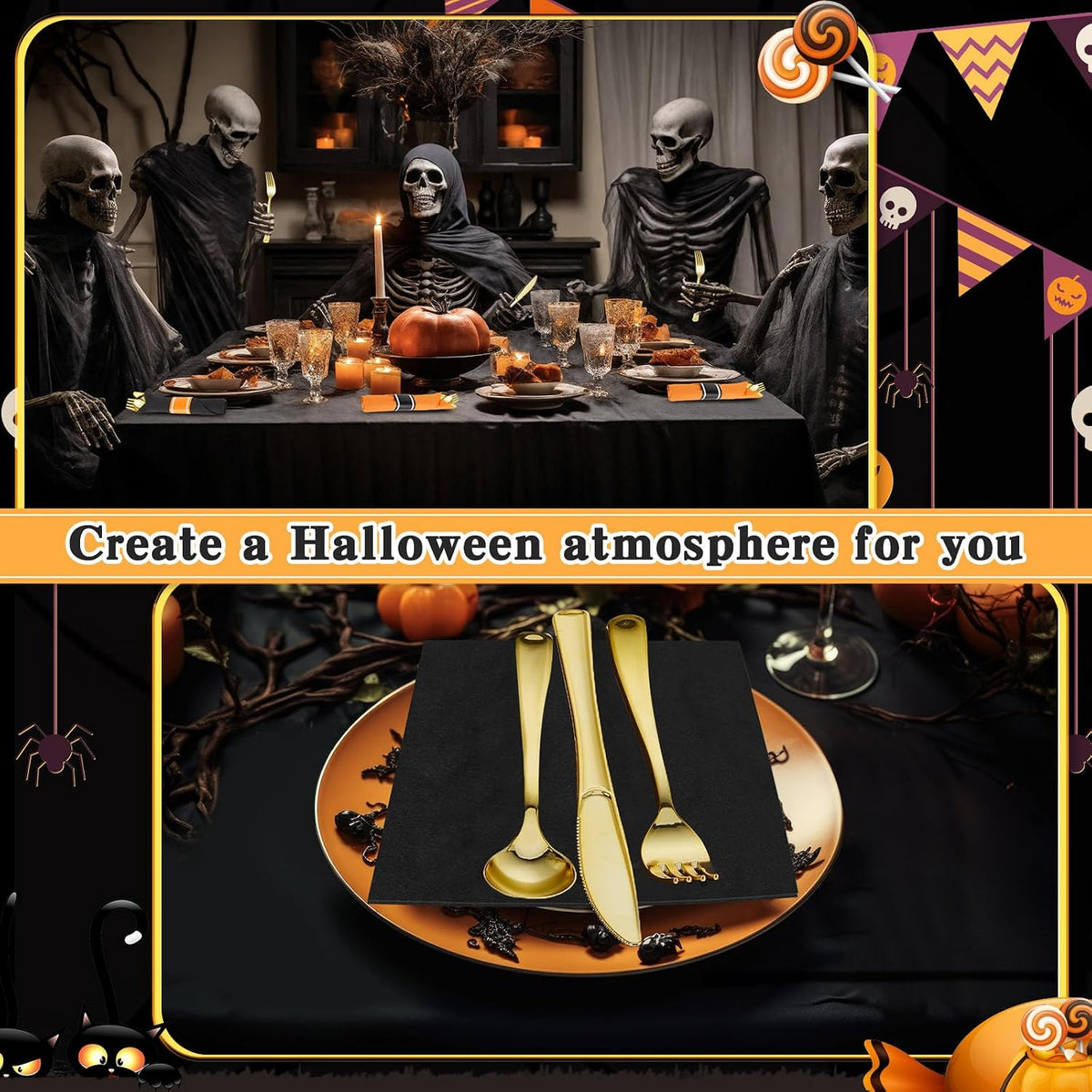 Lasnten 50 Pack Halloween Pre Rolled Plastic Silverware Set for 50 Guests