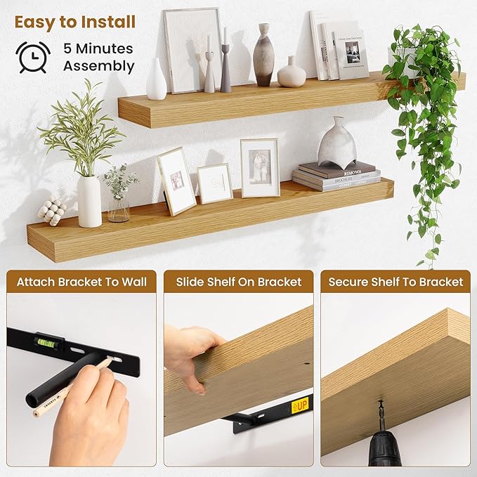 Fun Memories 40 Inch Floating Shelves, Long Wood Wall Shelf Set of 2 - Image 5