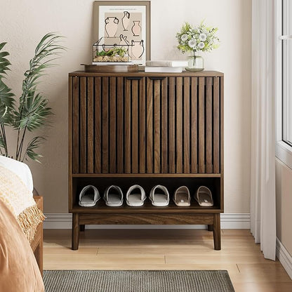 Shoe Cabinet with Slatted Doors, 4 Tier Freestanding Shoe Cabinet Storage - Image 3