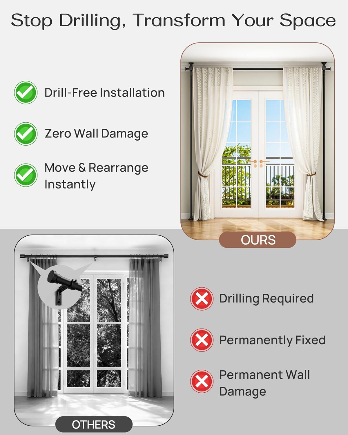 ALLZONE Tension Curtain Rods for Windows, Adjustable 31 to 83 Inch Wide, Freestanding Curtain Rods No Drilling, Apartment Renter Friendly, Heavy Duty, for Room Divider, Doorway, 63 to 130 Inches Tall