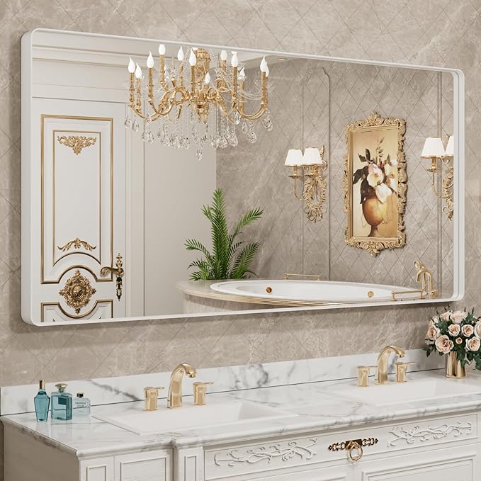 LOAAO 72x40 Inch White Metal Framed Bathroom Mirror by LOAAO