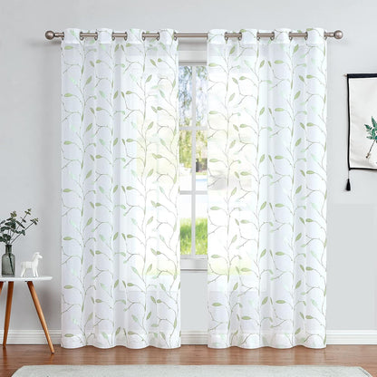 Embroidered Sheer Curtains Floral Leaf White Sheer Curtain for Bedroom Living Room Kitchen Rustic Voile Drapes Privacy Window Treatment Set of 2 Panels 96 Inches Long Grommet Top Green on White