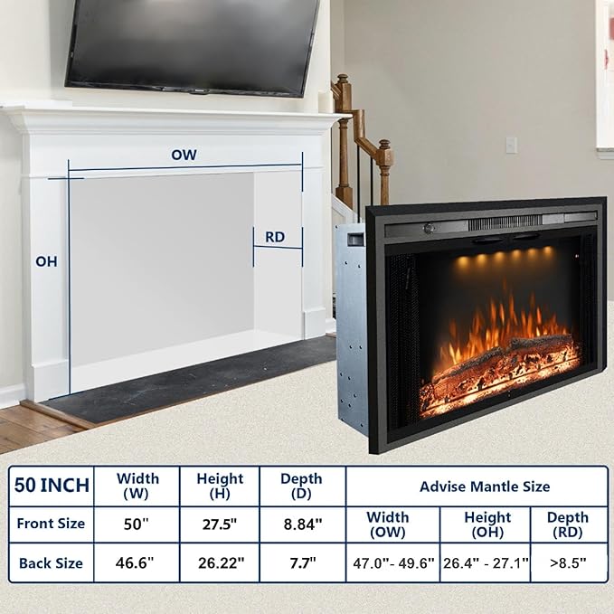 50 Inches Electric Fireplace Insert, 750W/1500W Fireplace Heater - Image 6