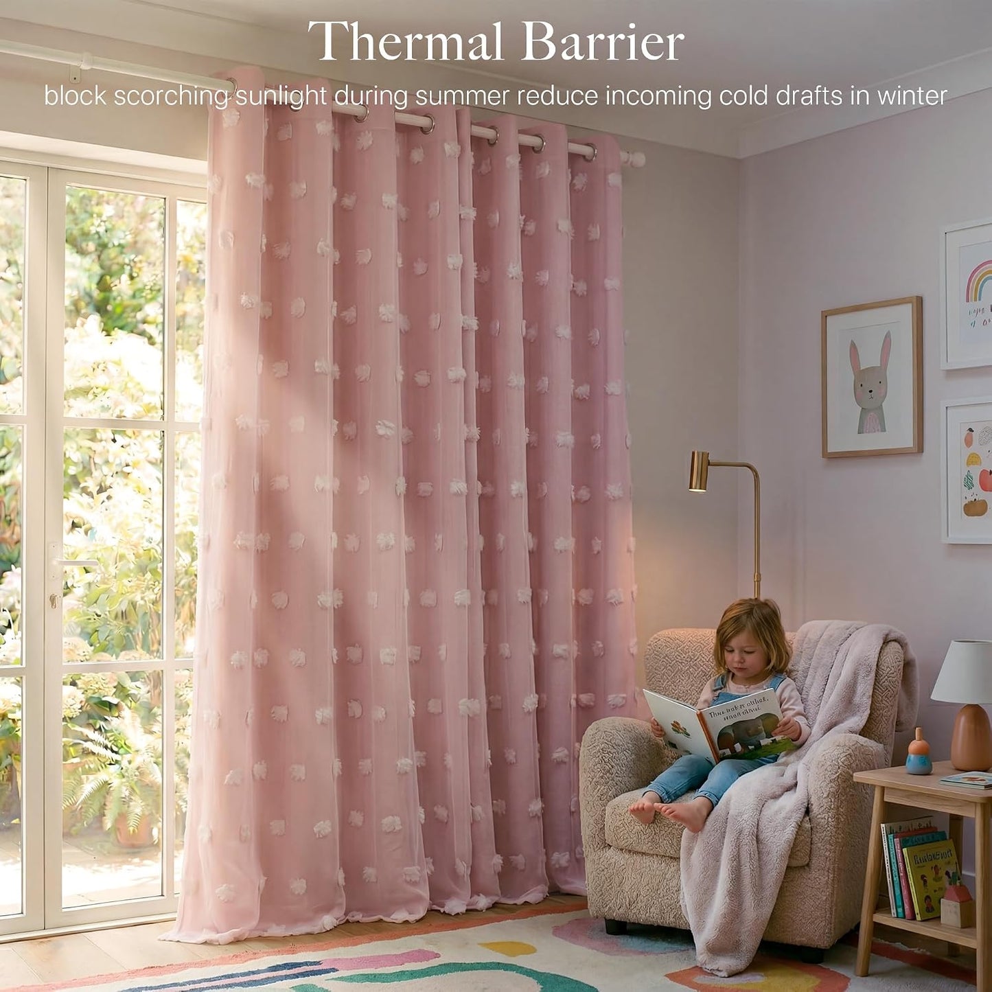 RYB HOME Room Darkening Pink Pom Pom Curtains for Nursery, Double Layer | Sheer Overlay, Cute Princess Style Decor, For Baby Girls Toddler Room, With 2 Bow Tie Backs,W52 x L63,2 Panels