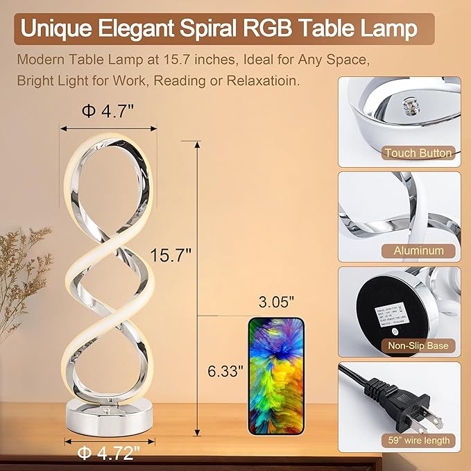 Modern Spiral RGB Table Lamp, Touch Dimmable Bedside Lamp, 7 Colors 10 Light - Image 6
