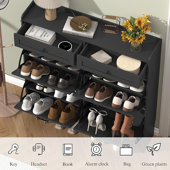 Shoe Cabinet with 4 Flip Drawers & 2 Storage Drawers, Rustic Farmhouse Narrow - Image 5