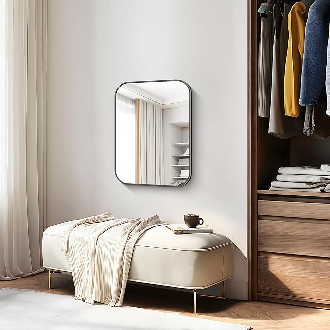 Bathroom Mirror, 18 x 24 inch Metal Framed Black Rectangle Mirror, Rounded - Image 7
