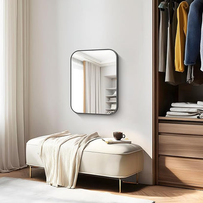 Bathroom Mirror, 18 x 24 inch Metal Framed Black Rectangle Mirror, Rounded - Image 7