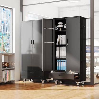 SUXXAN Broom Closet with Wheels 71"x 31.5"x15.75", Metal Cleaning Cabinets with - Image 6