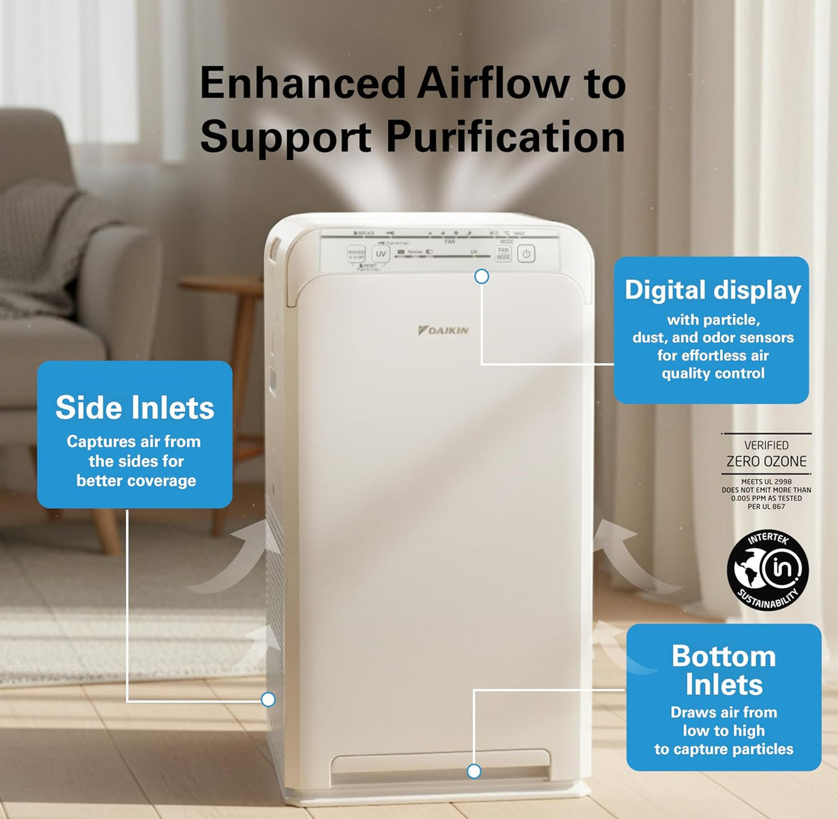 daikin mcb50ysau room air purifier for home, hepa showing dimensions