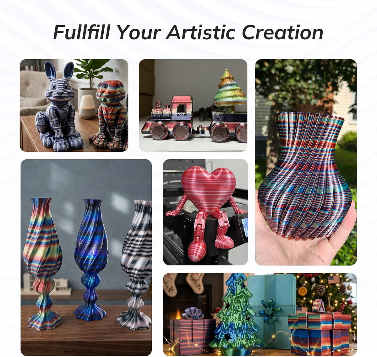 AMOLEN Silk PLA 3D Printer Filament Bundle, Shiny Multicolor Rainbow PLA Fila...