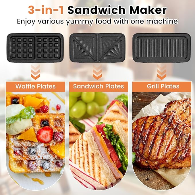 BECOMFORT 3 in 1 Waffle Maker, Sandwich Press w/3 Removable Non-stick Plates - Image 3