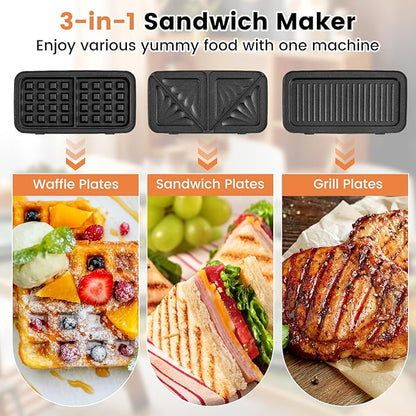 BECOMFORT 3 in 1 Waffle Maker, Sandwich Press w/3 Removable Non-stick Plates - Image 3