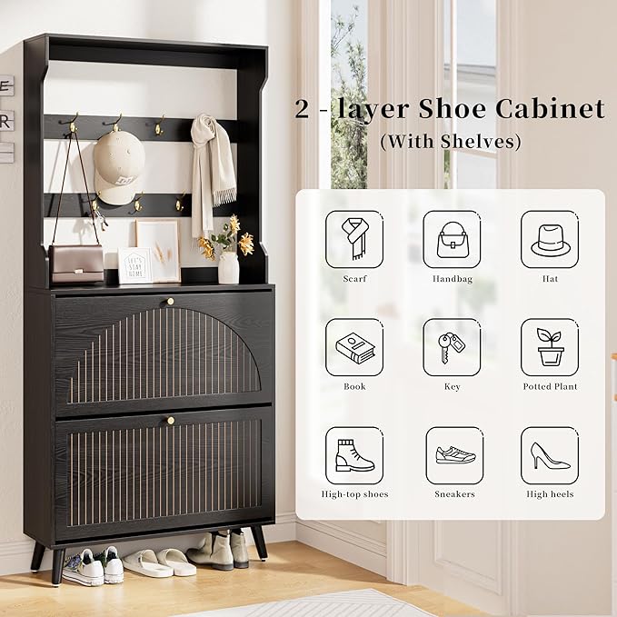 Shoe Cabinet for Entryway with 2 Flip Drawers & Coat Rack, Narrow Hidden Shoe - Image 6