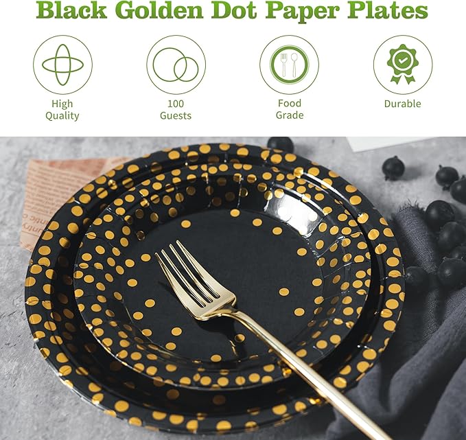 Lullaby 200PCS Black Paper Plates, Black and Gold Paper Plate, 100pcs Dinner ...