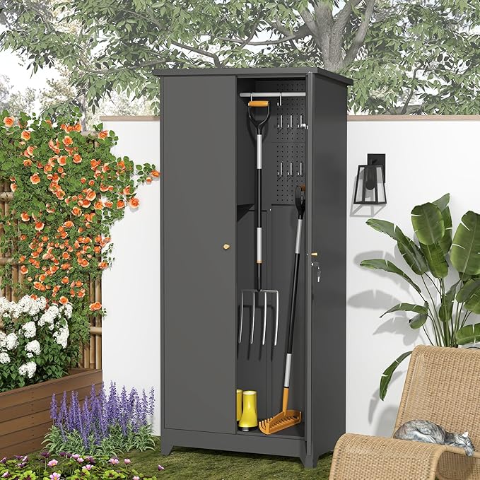 GREATMEET 72.8" Outdoor Broom Storage Cabinet, Metal Storage Cabinets - Image 7