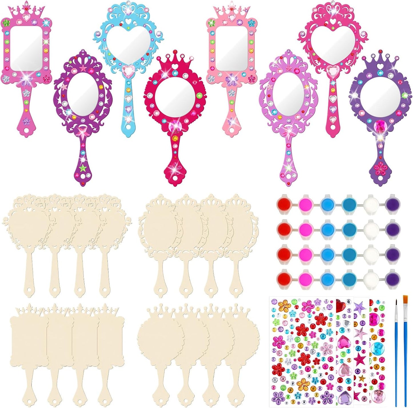 16 Sets Wooden Mirror Craft Kit, Girls DIY Princess Hand Mirror | Unbreakable Mirror for Kids, Princess Tea Party Gift, Back to School Supplies, Christmas Birthday Art Activities Favors