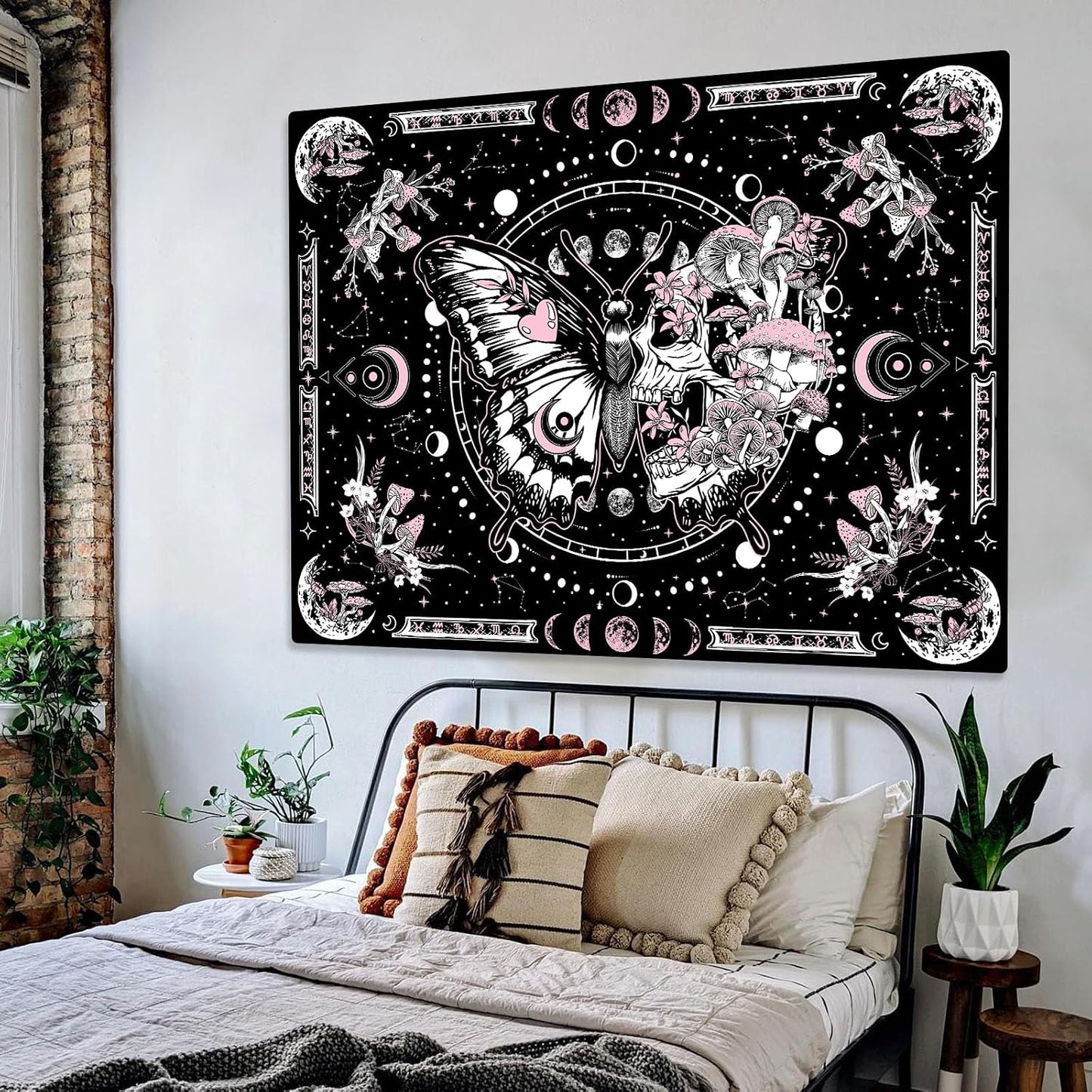 Fungarth Skeleton Butterfly Tapestry Pink Skull Hippie Mushroom Plants Tapestry for Bedroom Moon phase Aesthetic Tapestries Wall Hanging for Living Room Dorm (Pink, 48” x 36”)