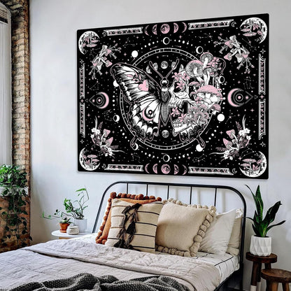 Fungarth Skeleton Butterfly Tapestry Pink Skull Hippie Mushroom Plants Tapestry for Bedroom Moon phase Aesthetic Tapestries Wall Hanging for Living Room Dorm (Pink, 48” x 36”)