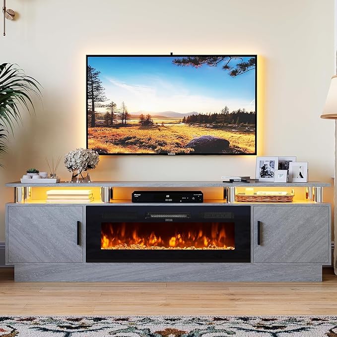 70 Inch Gray Electric Fireplace TV Stand, 2-Tier Media Console Fits TVs Up to by Breezestival