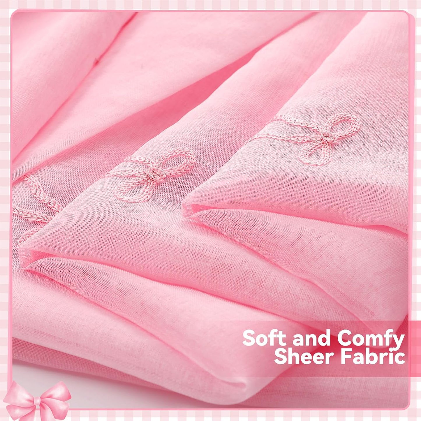 Tegeme 2 Panels Pink Bow Sheer Curtains for Bedroom 84 Inch | Embroidered Voile for Girls Room, Light Filtering Bedroom Decor, Sheer Panels for Kids Teens, Decorative Window Drapes