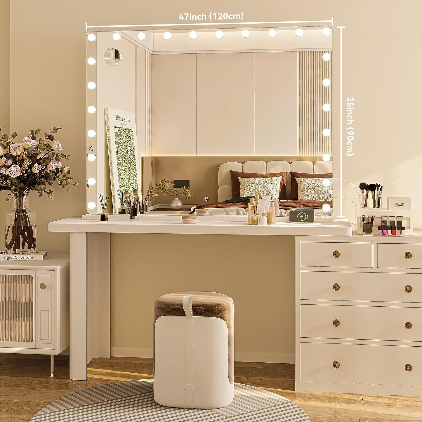 Hasipu Vanity Mirror with Lights 47" x 35", Makeup Mirror with Lights and Magnification, Hollywood Mirror with 3 Color Modes, LED Make up Mirror, Light up Mirror with USB & Type-C Charging