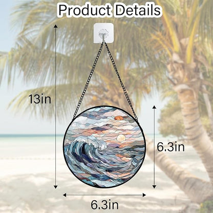 DASTOLL Stained Glass Window Hanging, Sunrise Waves Sun Catchers Diamond Glass - Image 2