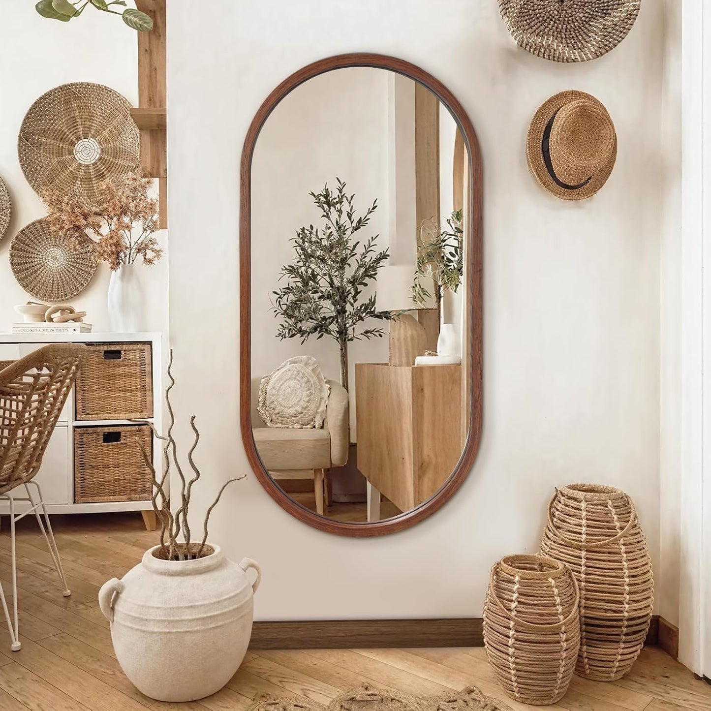 Oval Full Length Mirror, 48"X24" Wood Wall Mirror, Walnut | HD Shatter-Proof, Wall Mounted Mirror for Home Decor, Bedroom Living Room Entryway Coloakroom, Horizontal/Vertical