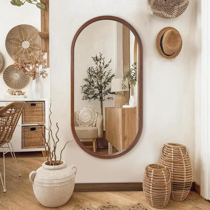 Oval Full Length Mirror, 48"X24" Wood Wall Mirror, Walnut | HD Shatter-Proof, Wall Mounted Mirror for Home Decor, Bedroom Living Room Entryway Coloakroom, Horizontal/Vertical