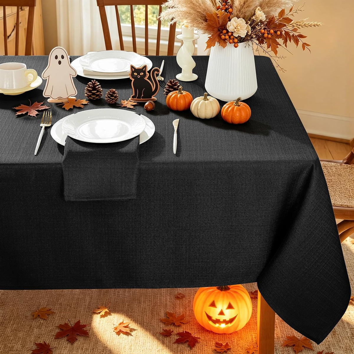 Honellaty Faux Linen Rectangle Halloween Tablecloth (60 x 120 Inch, Black)