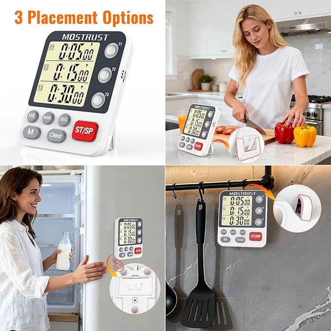 MOSTRUST Digital Dual Kitchen Timer, 3 Channels Countdown Triple Timer - Image 6